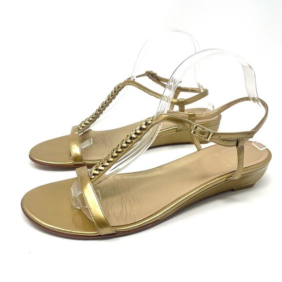 Stuart Weitzman Braided Metallic Gold Chain Low Wedge Strap Sandals Women's 9.5 - Picture 2 of 11